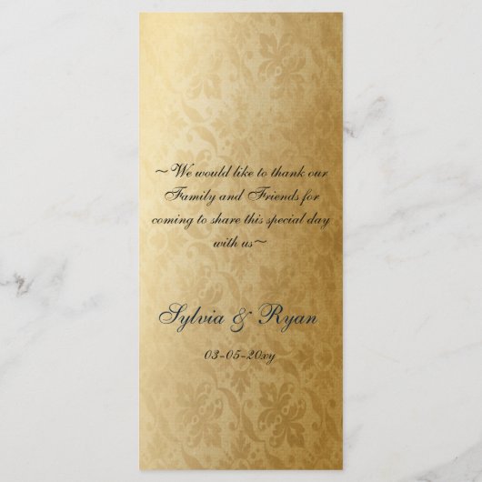 Rustikales Hochzeitsmenü mit blauem Gold Menükarte (Rückseite)