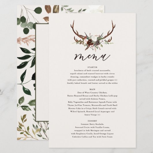 Rustikales Hochzeitsmenü mit Blumenkost und Staffe (Vorne/Hinten)