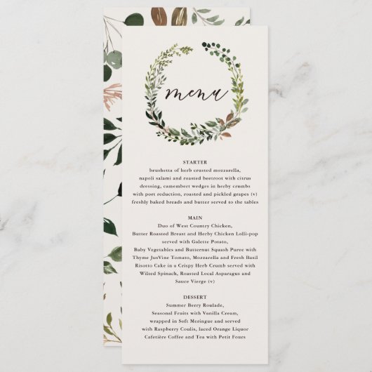 Rustikales Hochzeitsmenü mit Blumenkost und Staffe Menükarte (Vorne/Hinten)