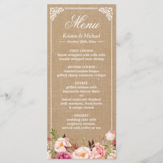 Rustikales Hochzeitsmenü Vintage Burlap Floral Menükarte (Vorderseite)