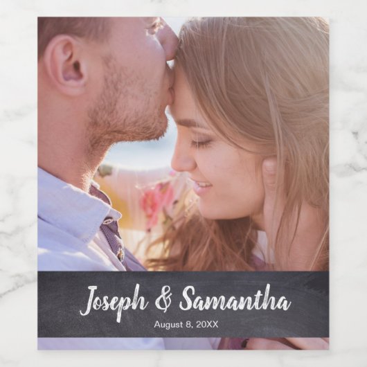 Rustikales Hochzeitspanel Etching Script-Foto Weinetikett (Einzelnes Label)