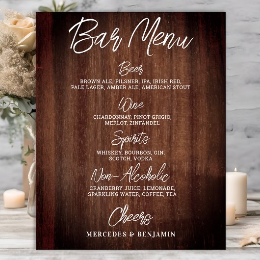 Rustikales Hochzeitspass-Menü Personalisierte Bar Poster