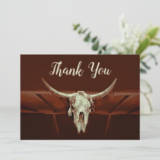 Rustikales Hochzeitspazierenland Western Bull Skul Dankeskarte (Stehend Vorderseite)