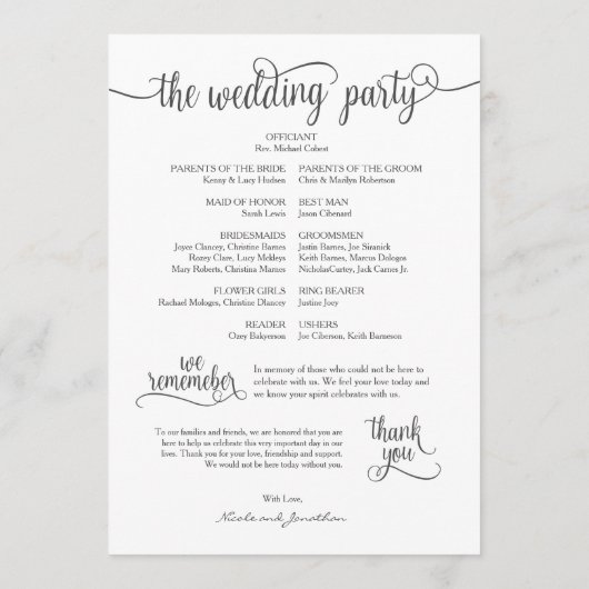 Rustikales Hochzeitsprogramm 12x18 kalligrafisches Programm (Rückseite)