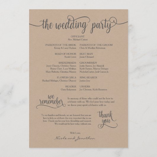 Rustikales Hochzeitsprogramm 12x18 kalligrafisches Programm (Rückseite)