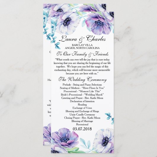 Rustikales Hochzeitsprogramm Anemone Wasserfarbe B Programm (Vorne/Hinten)