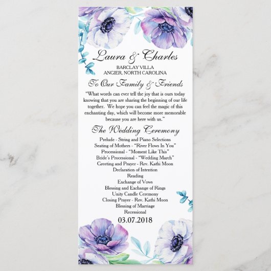 Rustikales Hochzeitsprogramm Anemone Wasserfarbe B Programm (Vorderseite)