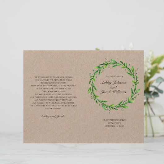Rustikales Hochzeitsprogramm. Country grün botanis (Stehend Vorderseite)