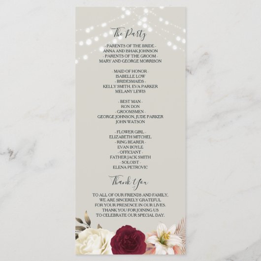 Rustikales Hochzeitsprogramm der Marine mit Lichte Programm (Rückseite)