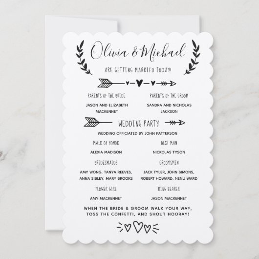 Rustikales Hochzeitsprogramm Einladung (Vorderseite)