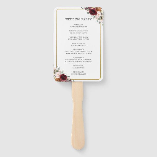 Rustikales Hochzeitsprogramm für Burgund Orange Pi Fächer (Rückseite)