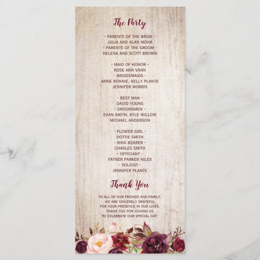 Rustikales Hochzeitsprogramm für Burgund Programm (Rückseite)