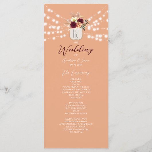 Rustikales Hochzeitsprogramm für Burgund Programm (Vorderseite)