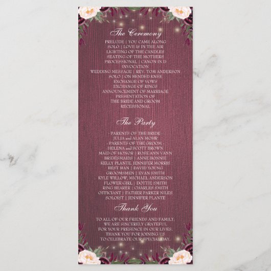Rustikales Hochzeitsprogramm für Burgundy-Holzschn Programm (Rückseite)