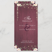 Rustikales Hochzeitsprogramm für Burgundy-Holzschn Programm (Vorne/Hinten)