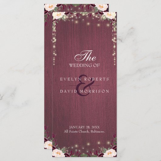 Rustikales Hochzeitsprogramm für Burgundy-Holzschn Programm (Vorne/Hinten)