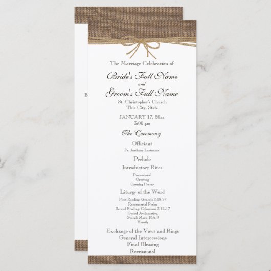 Rustikales Hochzeitsprogramm für Burlap und Twine Programm (Vorne/Hinten)