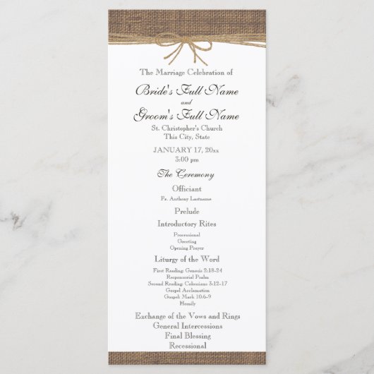 Rustikales Hochzeitsprogramm für Burlap und Twine Programm (Vorderseite)