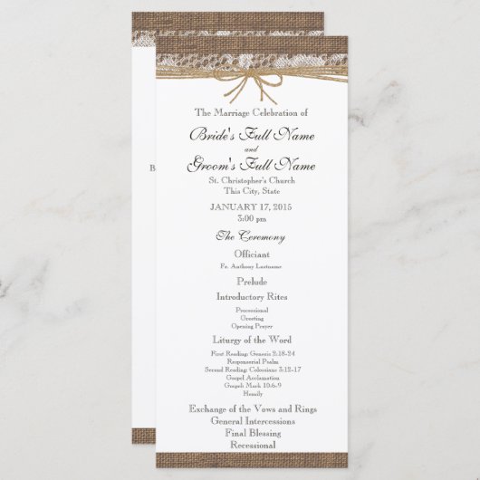 Rustikales Hochzeitsprogramm für Burlap und Twine Programm (Vorne/Hinten)