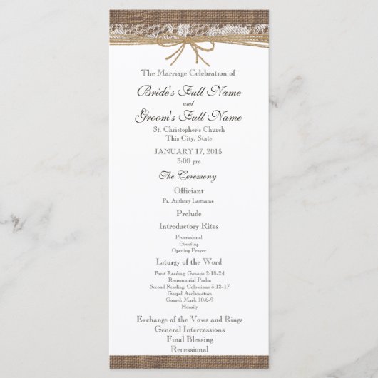 Rustikales Hochzeitsprogramm für Burlap und Twine Programm (Vorderseite)