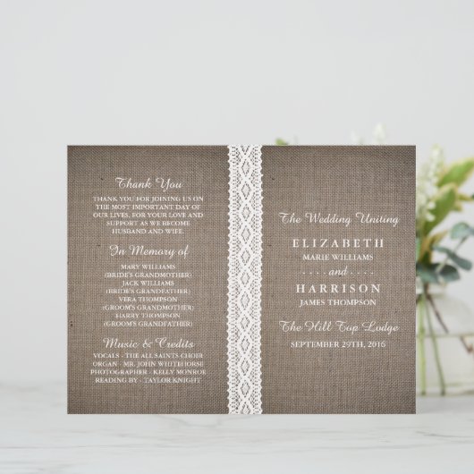 Rustikales Hochzeitsprogramm für Burlap und Vintag (Stehend Vorderseite)