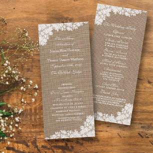 Rustikales Hochzeitsprogramm für Burlap und Vintag Werbekarte