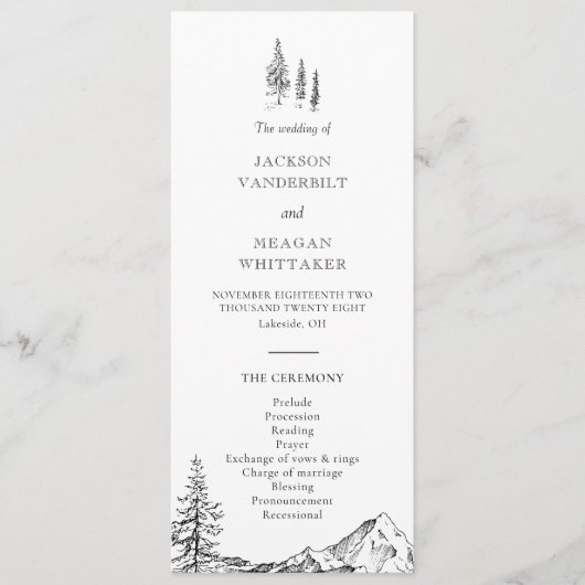 Rustikales Hochzeitsprogramm für die Bergwald-Hoch Programm (Vorderseite)
