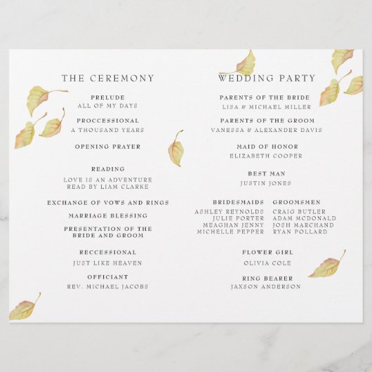 Rustikales Hochzeitsprogramm für die Herbstkapelle (Rückseite)