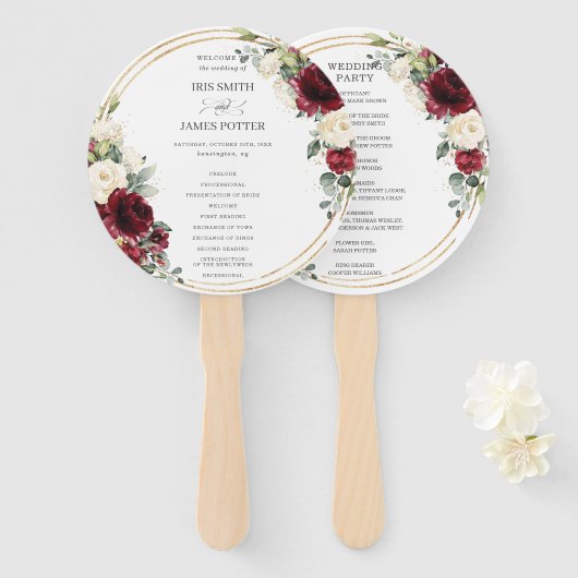 Rustikales Hochzeitsprogramm für Elfenbeinblumen Fächer (Vorne und Hinten)