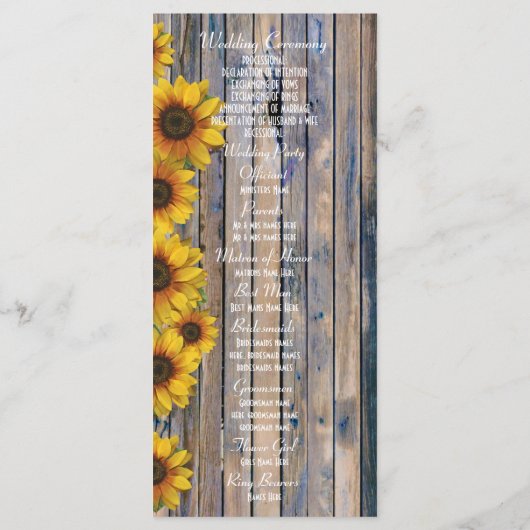 Rustikales Hochzeitsprogramm für gelbe Sonnenblume Programm (Rückseite)