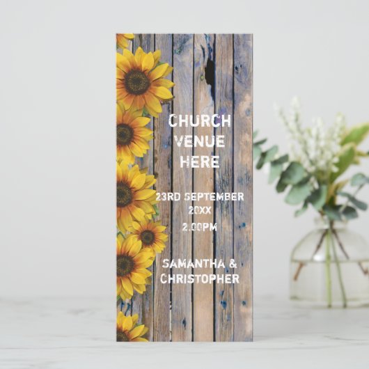 Rustikales Hochzeitsprogramm für gelbe Sonnenblume Programm (Stehend Vorderseite)