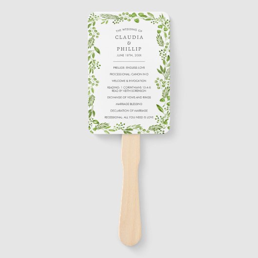 Rustikales Hochzeitsprogramm für grünes Olivenblat Fächer (Vorderseite)