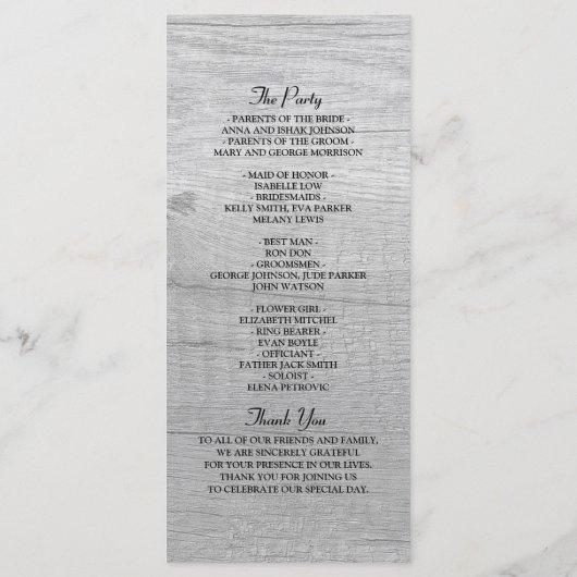 Rustikales Hochzeitsprogramm für Holz, Schwarz und Programm (Rückseite)
