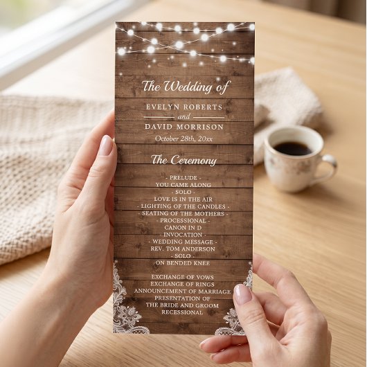 Rustikales Hochzeitsprogramm für Holz Twinkle Ligh Programm