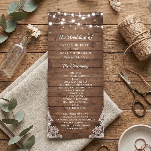 Rustikales Hochzeitsprogramm für Holz Twinkle Ligh Programm
