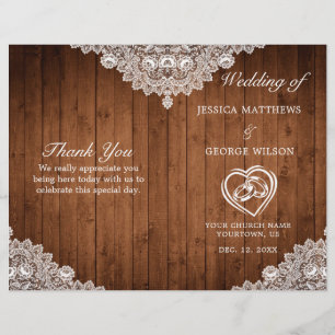 Rustikales Hochzeitsprogramm für Holz und weiße Sp