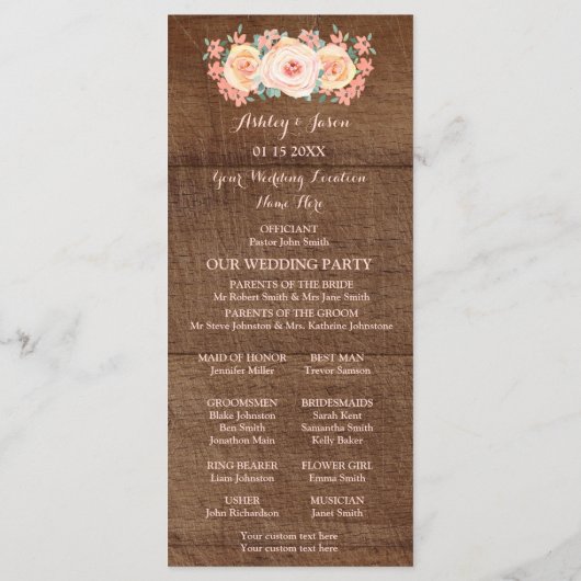 Rustikales Hochzeitsprogramm für Holzpfirsiche Programm (Rückseite)