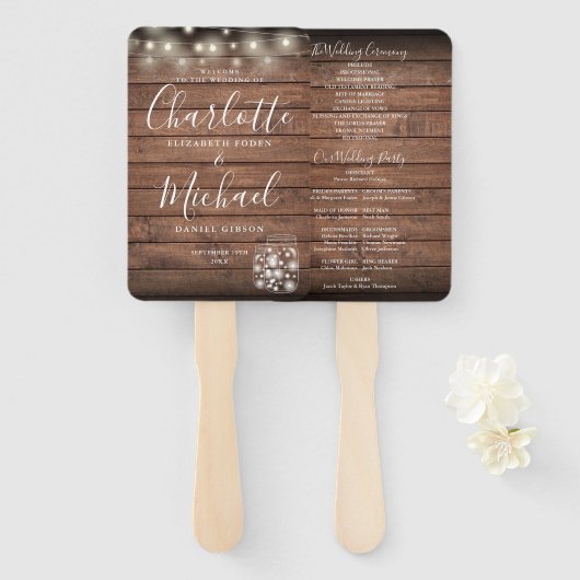 Rustikales Hochzeitsprogramm für Holzschnitte Fächer (Vorne und Hinten)