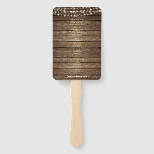 Rustikales Hochzeitsprogramm für Holzschnitte Fächer (Rückseite)