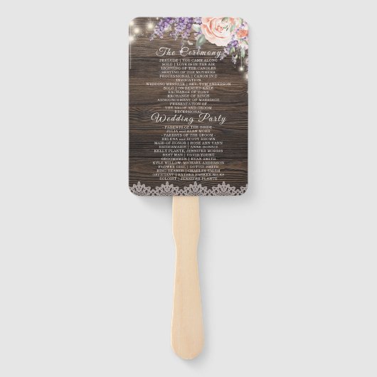 Rustikales Hochzeitsprogramm für Holzschnitzereien Fächer (Rückseite)