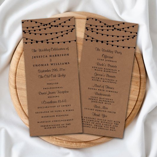 Rustikales Hochzeitsprogramm für Kraft-String-Lich Werbekarte