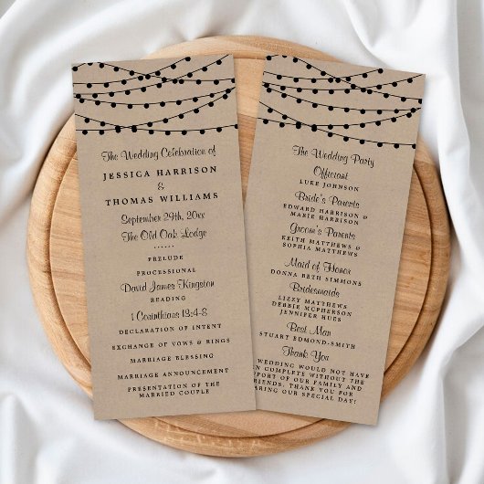 Rustikales Hochzeitsprogramm für Kraft-String-Lich Werbekarte
