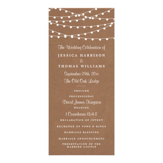 Rustikales Hochzeitsprogramm für Kraft-String-Lich Werbekarte (Vorne)