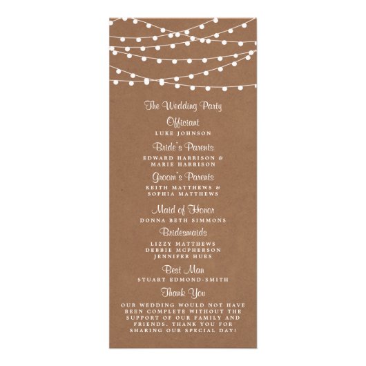 Rustikales Hochzeitsprogramm für Kraft-String-Lich Werbekarte (Hinten)