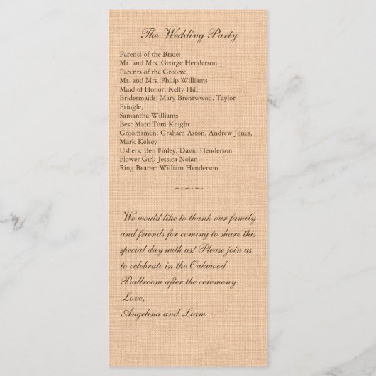 Rustikales Hochzeitsprogramm für Lace & Burlap Programm (Rückseite)