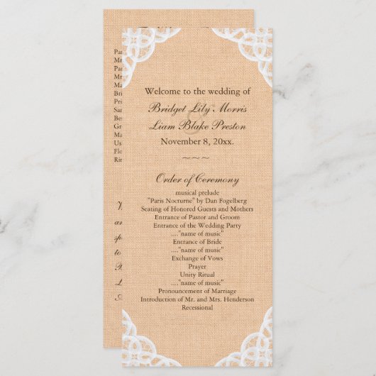 Rustikales Hochzeitsprogramm für Lace & Burlap Programm (Vorne/Hinten)