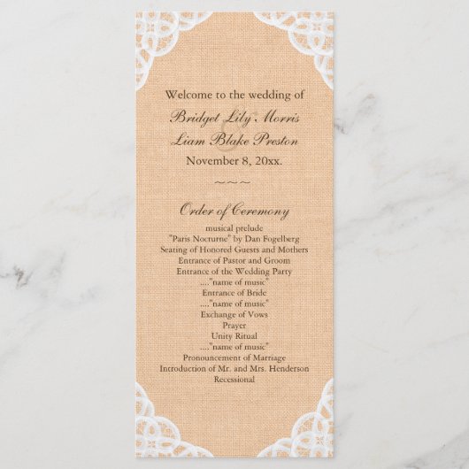 Rustikales Hochzeitsprogramm für Lace & Burlap Programm (Vorderseite)