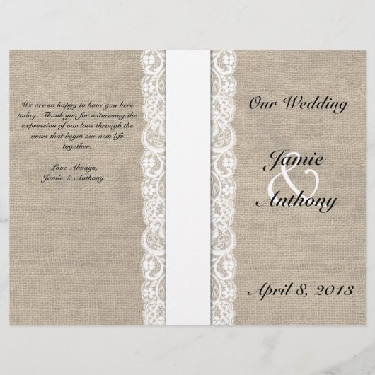 Rustikales Hochzeitsprogramm für Lace & Burlap Whi (Vorderseite)
