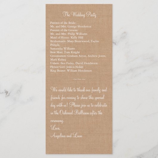 Rustikales Hochzeitsprogramm für Lace & Medium Bur Programm (Rückseite)