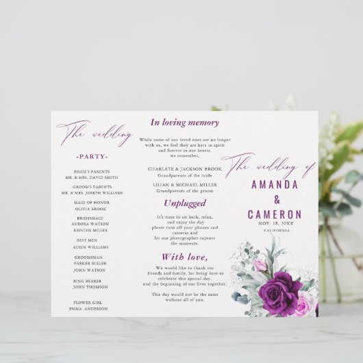 Rustikales Hochzeitsprogramm für Lila Blüten (Stehend Vorderseite)
